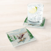 French Bulldog Sledding, Glass Coaster Glazen Onderzetter (Schuin)