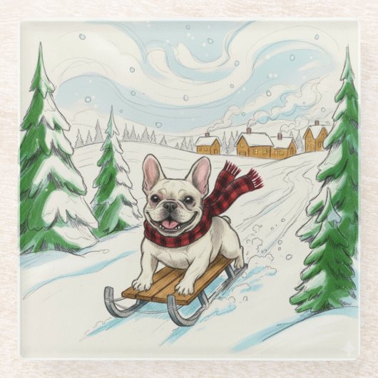 French Bulldog Sledding, Glass Coaster Glazen Onderzetter (Voorkant)