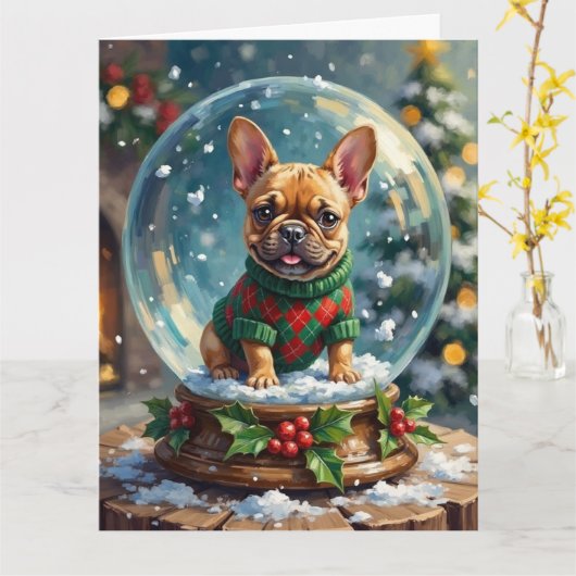 French Bulldog Snow Globe Christmas Sweater Kaart (Gele Bloem)