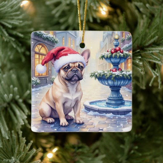 French Bulldog Snowy Town Fountain Santa Christmas Keramisch Ornament (Boom)