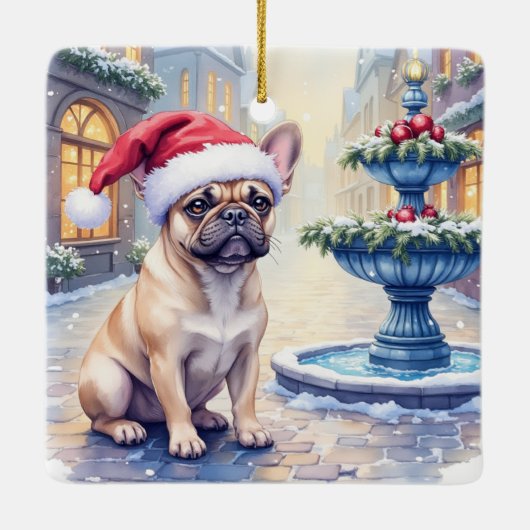French Bulldog Snowy Town Fountain Santa Christmas Keramisch Ornament (Achterkant)
