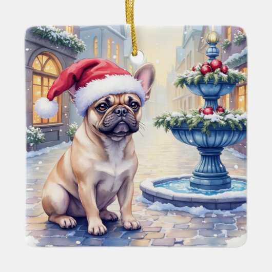 French Bulldog Snowy Town Fountain Santa Christmas Keramisch Ornament (Voorkant)