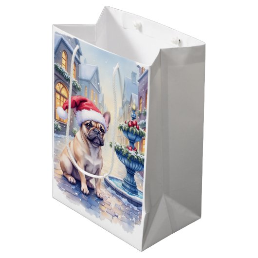 French Bulldog Snowy Town Fountain Santa Christmas Medium Cadeauzakje (Voorkant Gekanteld)