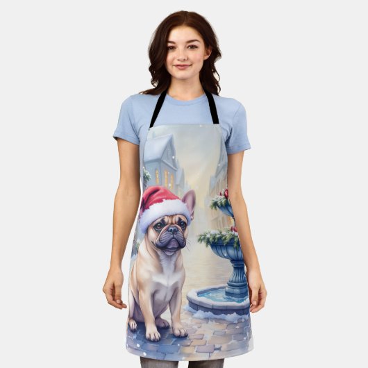 French Bulldog Snowy Town Fountain Santa Christmas Schort (Gedragen)