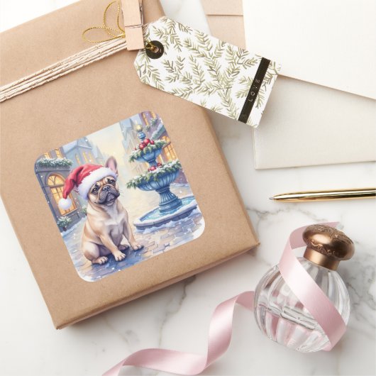 French Bulldog Snowy Town Fountain Santa Christmas Vierkante Sticker (Geschenken)
