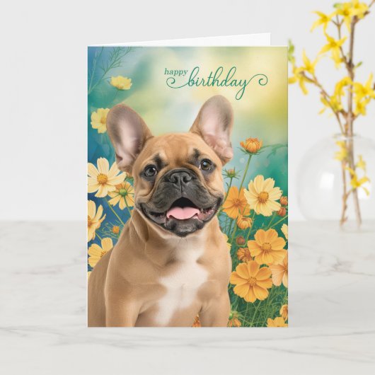 French Bulldog Tiny Orange Cosmos Birthday Kaart (Gele Bloem)