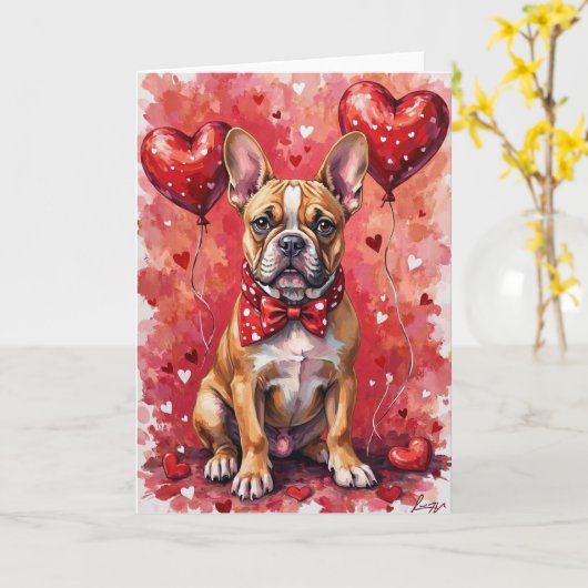 French Bulldog Valentine’s Day Dog with Hearts Red Kaart (Gele Bloem)