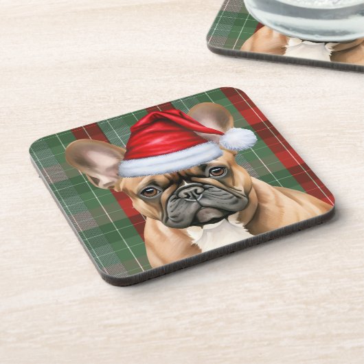 French Bulldog with Red and Green Holiday Plaid Bier Onderzetter (Linkerzijde)