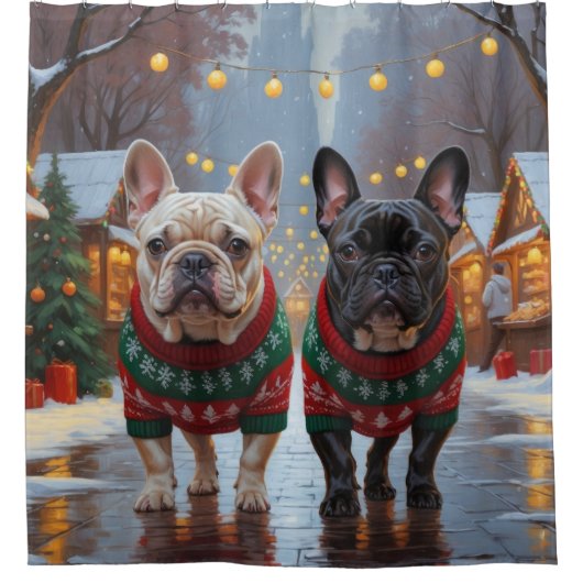 French Bulldogs Christmas Snow Holiday Douchegordijn (Voorkant)