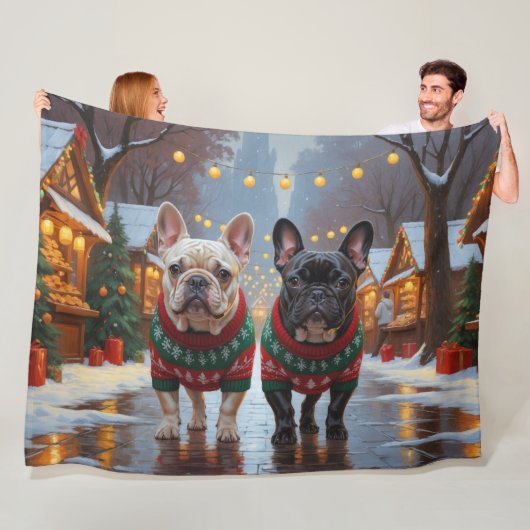 French Bulldogs Christmas Snow Holiday Fleece Deken (In situ)