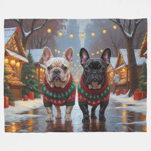 French Bulldogs Christmas Snow Holiday Fleece Deken (Voorkant (Horizontaal))
