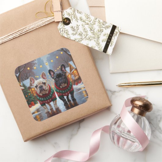French Bulldogs Christmas Snow Holiday Vierkante Sticker (Geschenken)