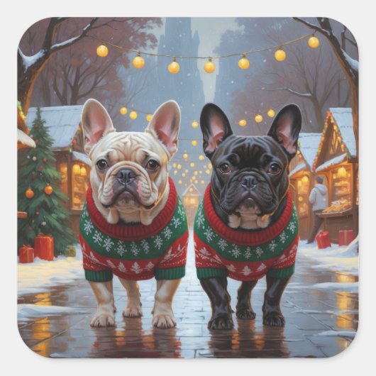 French Bulldogs Christmas Snow Holiday Vierkante Sticker (Voorkant)