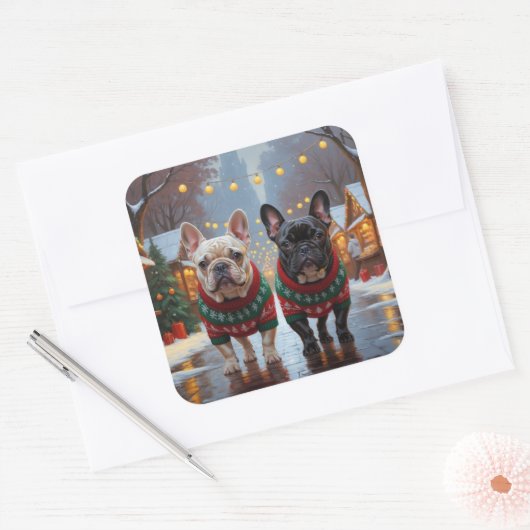 French Bulldogs Christmas Snow Holiday Vierkante Sticker (Envelop)