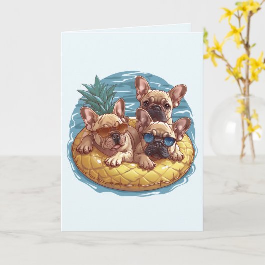 French Bulldogs Summer Pineapple Pool Float Kaart (Gele Bloem)