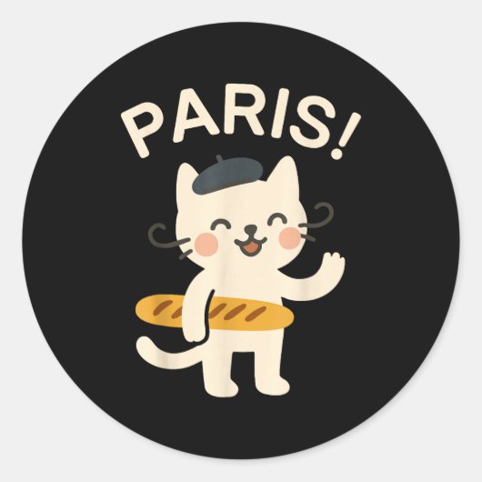 French Cat With Baguette Cute Cat Paris Funny Anim Ronde Sticker (Voorkant)