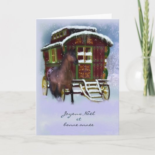 French Christmas Card - Horse And Old Caravan - Jo Feestdagen Kaart (Voorkant)