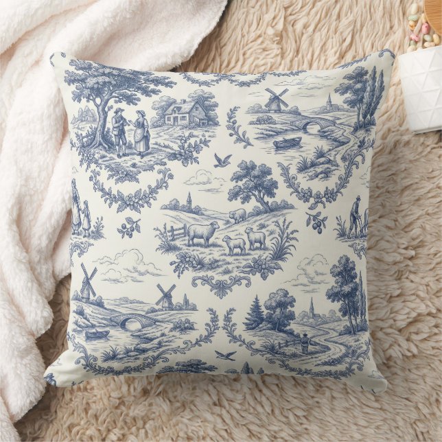 French Country - Blue & Cream Toile Countryside Kussen (Deken)