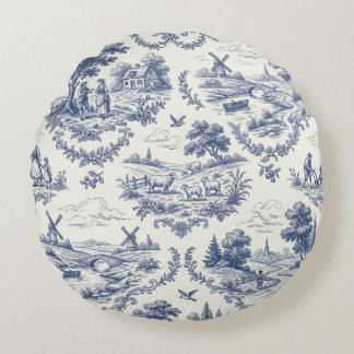 French Country - Blue & Cream Toile Countryside Rond Kussen