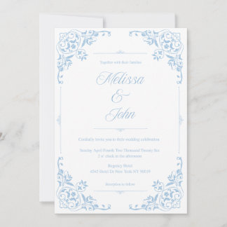 French Country Blue Filigree Wedding invitation Kaart