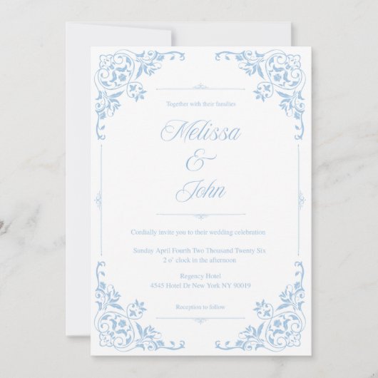 French Country Blue Filigree Wedding invitation Kaart (Voorkant)