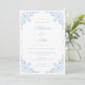 French Country Blue Filigree Wedding invitation Kaart (Staand voorkant)