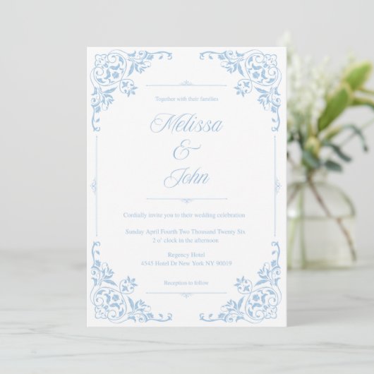 French Country Blue Filigree Wedding invitation Kaart (Staand voorkant)