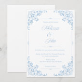 French Country Blue Filigree Wedding invitation Kaart (Voorkant / Achterkant)