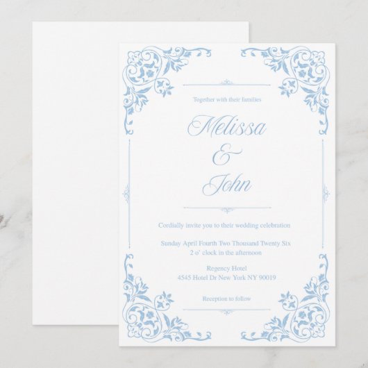 French Country Blue Filigree Wedding invitation Kaart (Voorkant / Achterkant)