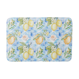 French Country Blue Tile Yellow Lemon Watercolor Badmat