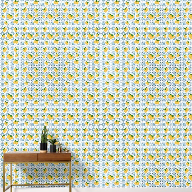 French Country Lemon Blue Floral Tile Pattern Behang (Hal)
