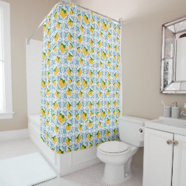 French Country Lemon Blue Floral Tile Pattern Douchegordijn