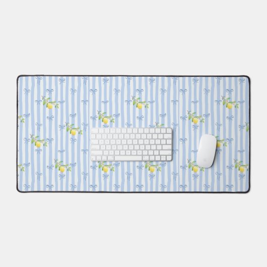 French Country Lemon – Blue Stripe Bow Pattern Bureaumat (Keyboard & Muis)