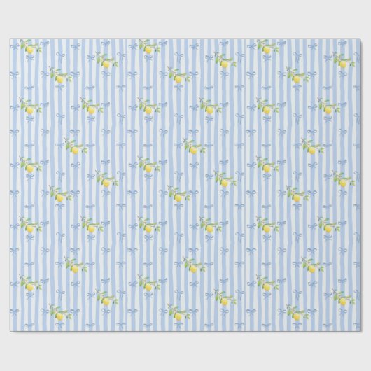 French Country Lemon – Blue Stripe Bow Pattern Cadeaupapier (Vlak)