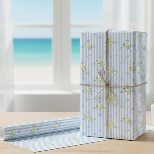 French Country Lemon – Blue Stripe Bow Pattern Cadeaupapier