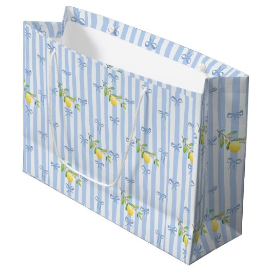 French Country Lemon – Blue Stripe Bow Pattern Groot Cadeauzakje (Voorkant Gekanteld)