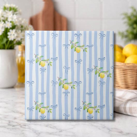 French Country Lemon  – Blue Stripe Bow Tegeltje
