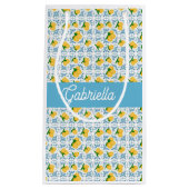 French Country Lemon Blue Tile Monogram Name Klein Cadeauzakje (Voorkant)