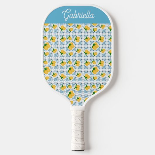 French Country Lemon Blue Tile Monogram Pickleball Paddle (Voorkant)