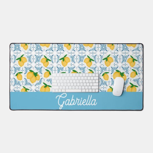 French Country Lemon Blue Tile Pattern Bureaumat (Keyboard & Muis)