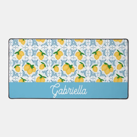 French Country Lemon Blue Tile Pattern Bureaumat (Voorkant)
