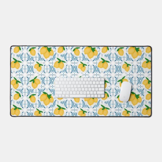 French Country Lemon Blue Tile Pattern Bureaumat (Keyboard & Muis)