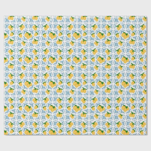 French Country Lemon Blue Tile Pattern Cadeaupapier (Vlak)