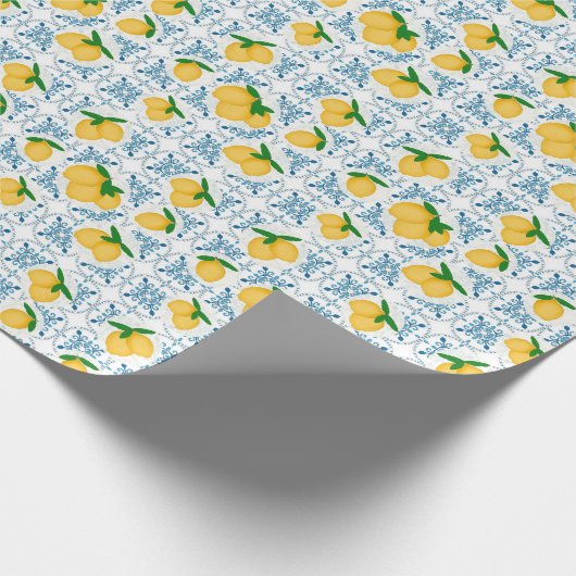 French Country Lemon Blue Tile Pattern Cadeaupapier (Hoek)