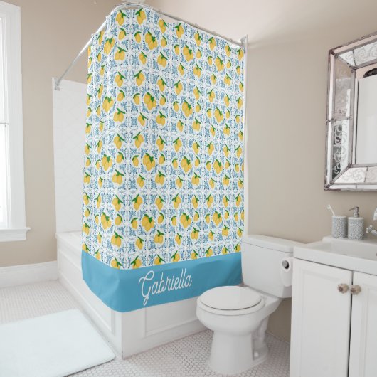 French Country Lemon Blue Tile Pattern Douchegordijn (In situ)