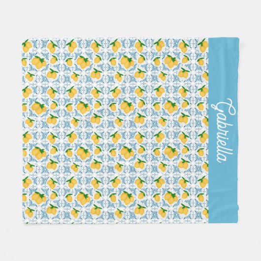 French Country Lemon Blue Tile Pattern Fleece Deken (Voorkant (Horizontaal))