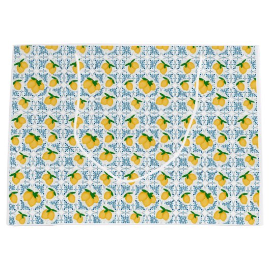 French Country Lemon Blue Tile Pattern Groot Cadeauzakje (Voorkant)