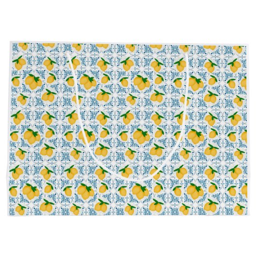 French Country Lemon Blue Tile Pattern Groot Cadeauzakje (Achterkant)