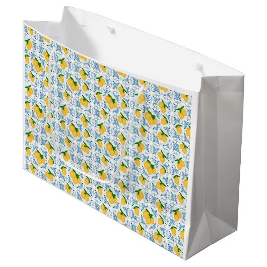 French Country Lemon Blue Tile Pattern Groot Cadeauzakje (Voorkant Gekanteld)