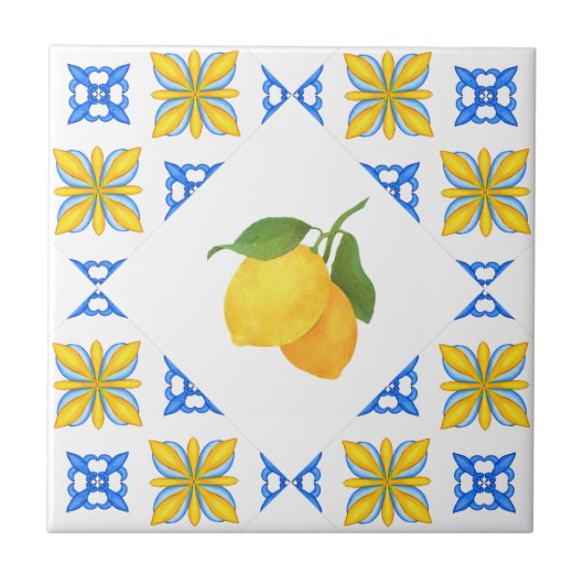 French Country Lemon Blue Tile Pattern Tegeltje (Voorkant)